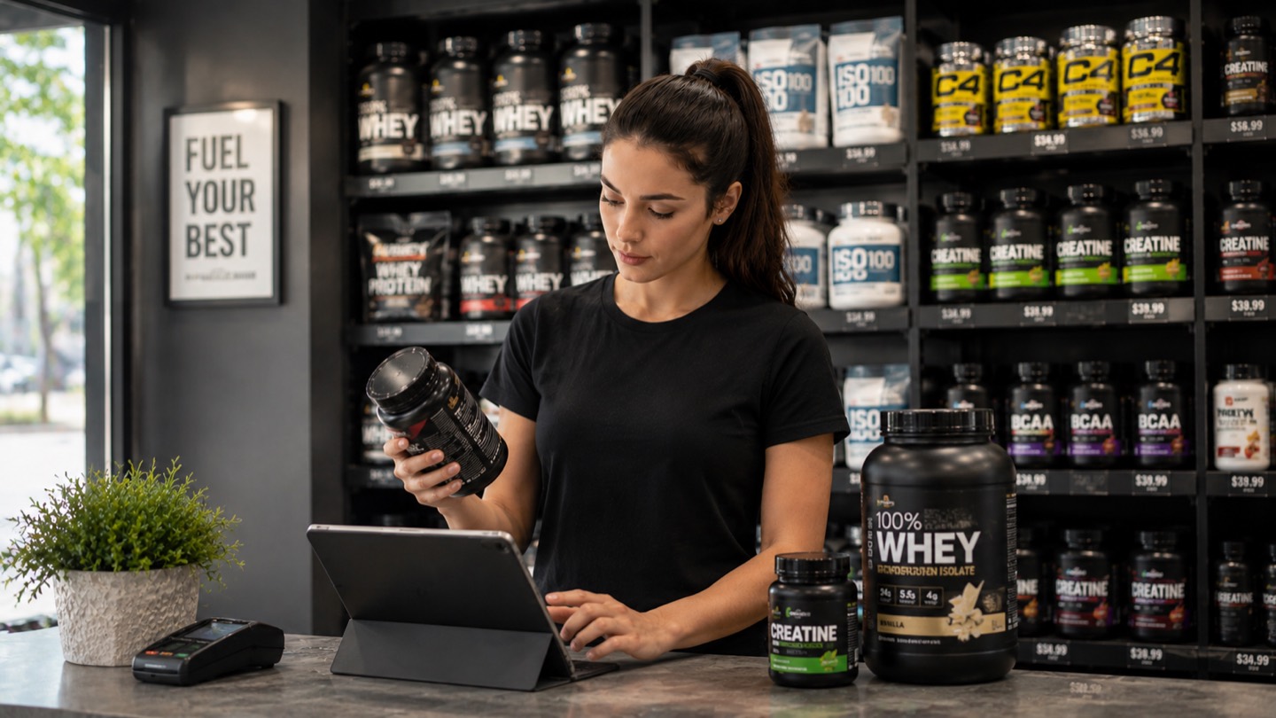 Supplement store employee checking product expiration dates on a tablet beside whey protein and creatine shelves